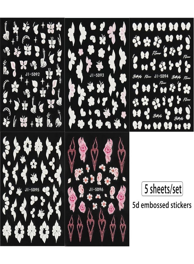 Fcozpjk 5D Embossed White Flowers Nail Stickers, 5 Sheets Self-Adhesive Floral Nail Decals, Spring Rose Butterfly Nail Art, 3D Acrylic Flowers for Manicure Decor - Image 2